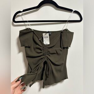 Brown/Olive Ruched Off-Shoulder Top Front Split Hem